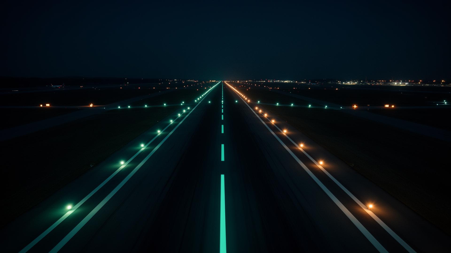 Runway at night with mint and amber edge lights